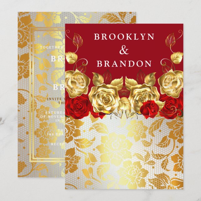 Frilly Guld Burgundy Maroon Simple Elegant bröllop Inbjudningar (Fram/baksida)