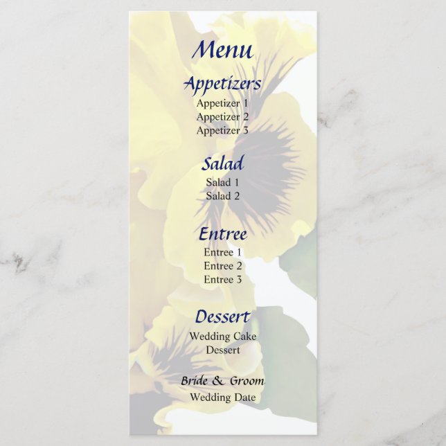 Frilly Gult Pansies Bröllop Menu Meny (Framsida)