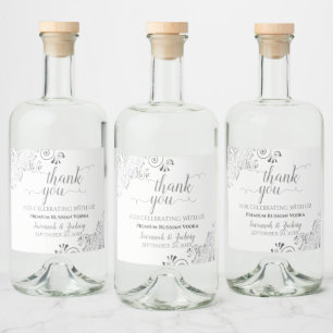 Frilly Silver Grått på White Bröllop Tack Spritflaskor Etikett
