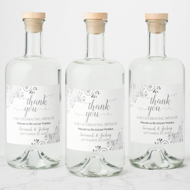 Frilly Silver Grått på White Bröllop Tack Spritflaskor Etikett (Flaskor)