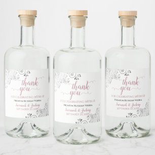 Frilly Silver Grått Ro & White Bröllop Tack Spritflaskor Etikett