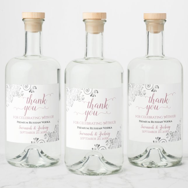 Frilly Silver Grått Ro & White Bröllop Tack Spritflaskor Etikett (Flaskor)