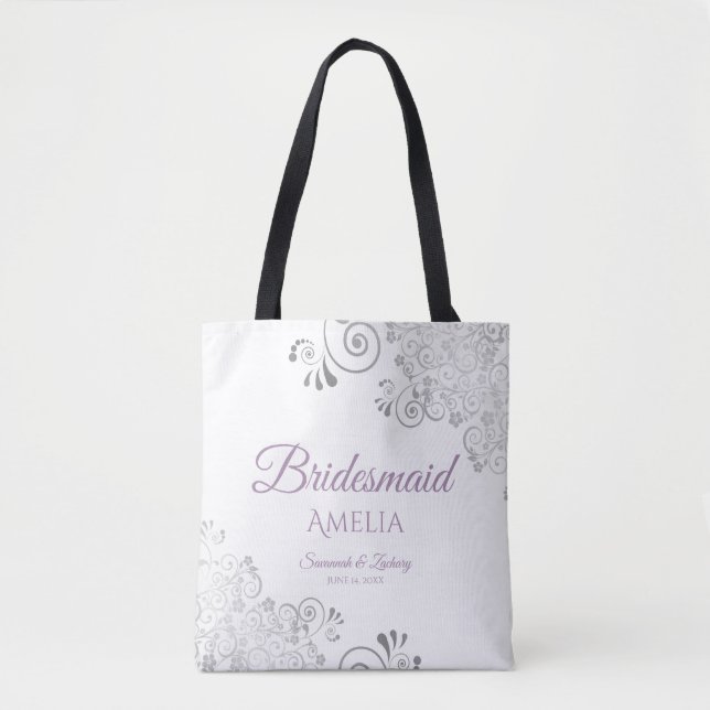 Frilly Silver & Lavender Bridesmaid White Bröllop Tygkasse (Framsida)