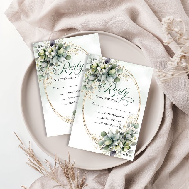 Frisk Elegans Grön och Guld Eukalyptus Bröllop  OSA Kort (Fresh Elegance Green and Gold Eucalyptus Wedding RSVP Card)