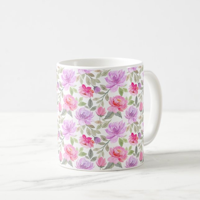 Frisk vårstämning: Rosa och lila blomsterdesign Kaffemugg (Framsida höger)