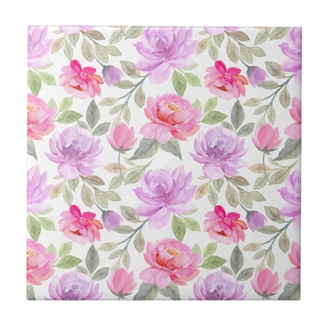 Frisk vårstämning: Rosa och lila blomsterdesign Kakelplatta (Framsidan)