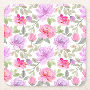 Frisk vårstämning: Rosa och lila blomsterdesign Underlägg Papper Kvadrat