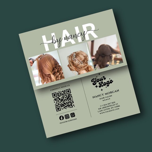 Frisör 3 Foto Collage & QR-kod Logotyp  Visitkort (Skapare uppladdad)