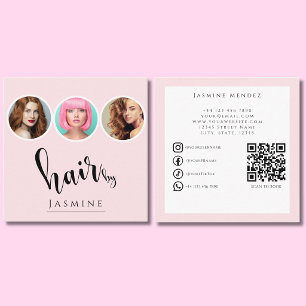 Frisör 3 Foto QR Socials Blush Rosa Fyrkantigt Visitkort