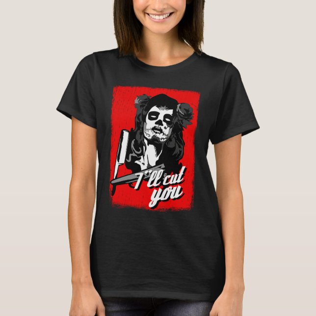Frisör Barbering Rakhyvel Socker Dödskalle Frisyre T Shirt (Framsida)