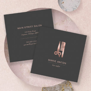 Frisör Chic Rosa Guld Sax Kam Grå Fyrkantigt Visitkort