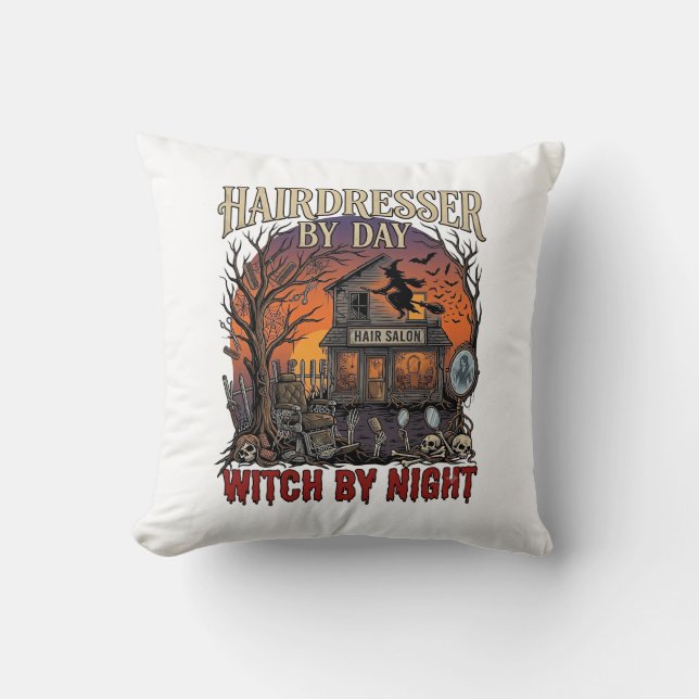 Frisör Dag Häxa Natt Halloween Salong Döskallar Kudde (Framsida)