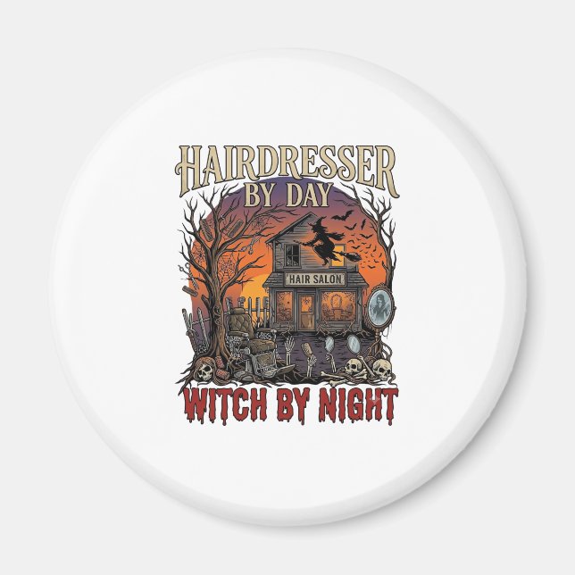 Frisör Dag Häxa Natt Halloween Salong Döskallar Magnet (Framsidan)