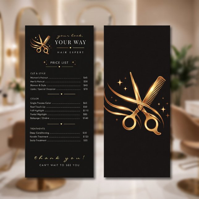 Frisör Elegant Svarta Guld Saxar Anpassade Reklamkort (Hair Stylist Elegant Black Gold Scissors Custom Rack Card)