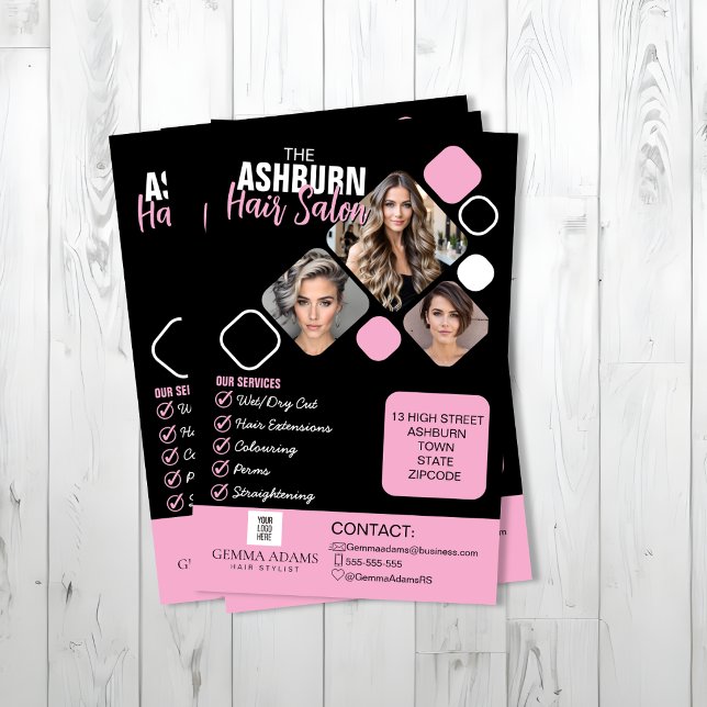 Frisör Foto Anpassad Design i Svart Rosa Flygblad (Skapare uppladdad)