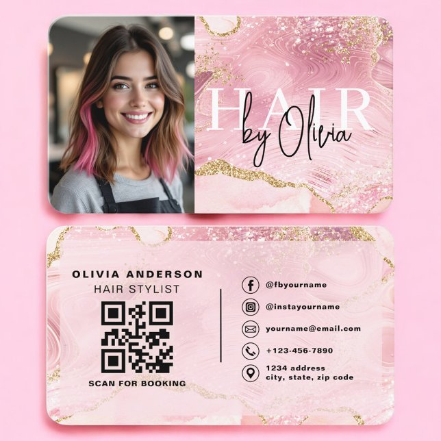 Frisör Foto QR-kod Rosa Marmor Visitkort (Skapare uppladdad)