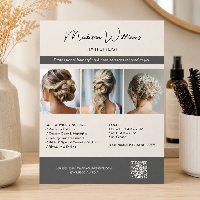 Frisör Frisörsalong 3 Bilder QR Flyer (Hair Stylist Hairdresser Salon 3 Photos QR Flyer)