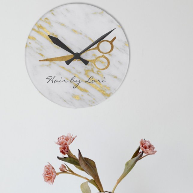 Frisör Guld Marmor Sax Personlig Rund Klocka (Skapare uppladdad)