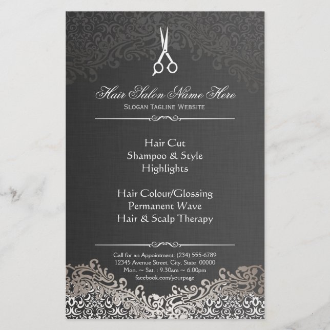 Frisör Hår Salong Elegant Mörk Silver Damask Flygblad (Framsidan)