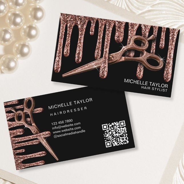 Frisör Hårstylist Rosa Guld Glitter QR-kod Visitkort (Hair Stylist Hairdresser Rose Gold Glitter QR Code Business Card)