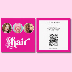 Frisör Hot Pink Vit 3 Foto QR-kod Fyrkantigt Visitkort