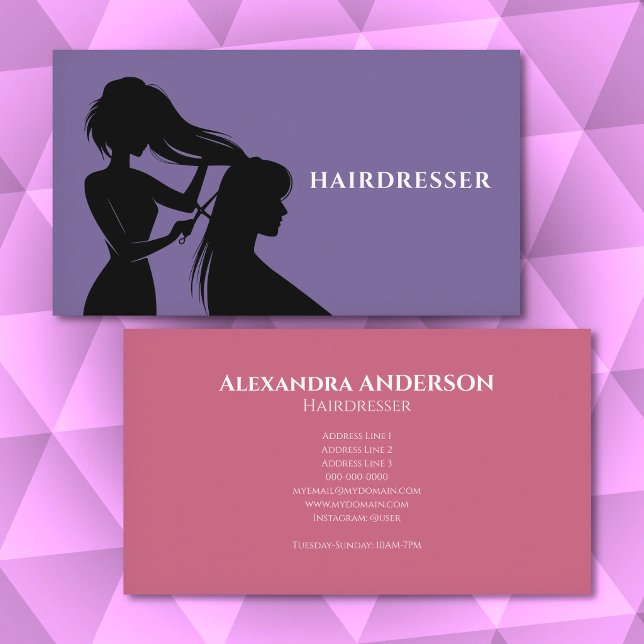 Frisör - Lila & Rosa Visitkort (Hairdresser - Purple & Pink Business Card)