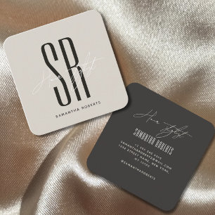 Frisör modern beige grå monogram initialer fyrkantigt visitkort