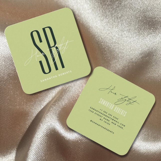 Frisör moderna gröna monogram initialer fyrkantigt visitkort (Skapare uppladdad)