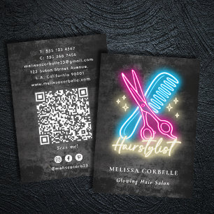 Frisör Neon Glow & Black Grunge QR-kod Visitkort