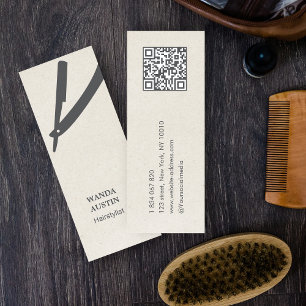 Frisör Rakkniv Biege Rustic Kraft QR-kod Mini Visitkort