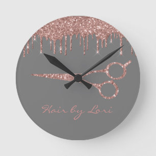 Frisör Rose Gold Drip Glitter Sax Rund Klocka