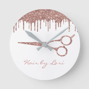 Frisör Rose Gold Drip Glitter Sax Rund Klocka