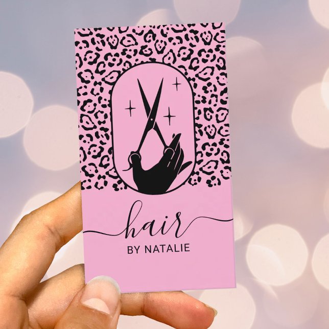 Frisör Sax & Hand Logotyp Chic Rosa Leopard Visitkort (Skapare uppladdad)
