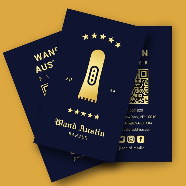 Frisör Sax Klippare Marinblå Och Guld Qr Kod Visitkort (Skapare uppladdad)
