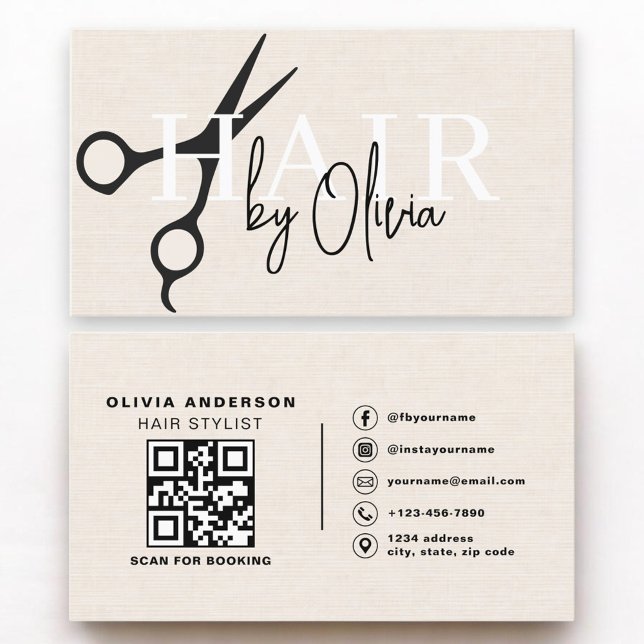 Frisör Sax QR-kod Linen Visitkort (Skapare uppladdad)