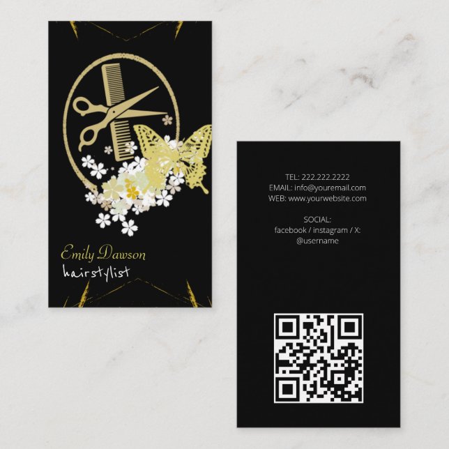 Frisör Söt Sax & Fjärilar QR-kod Bu Visitkort (Fram/baksida)