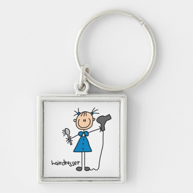 Frisör Stickfigur Fyrkantig Silverfärgad Nyckelring (Framsidan)