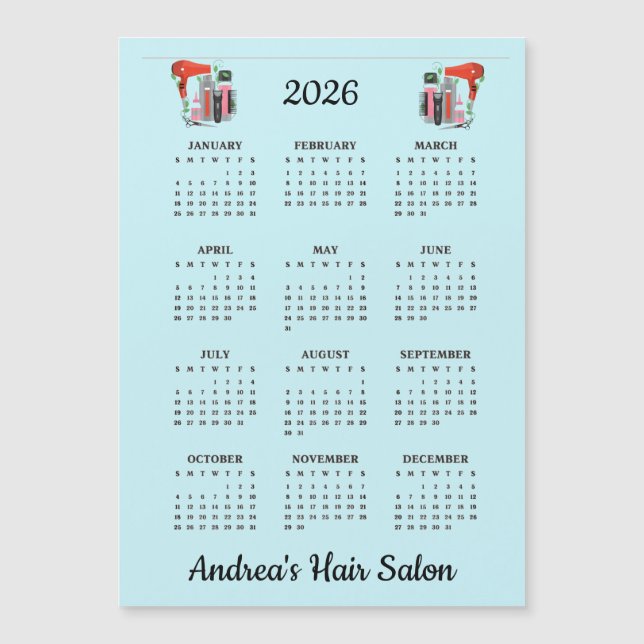 Frisördesign 2026 Kalender Magnetkort (Framsida)
