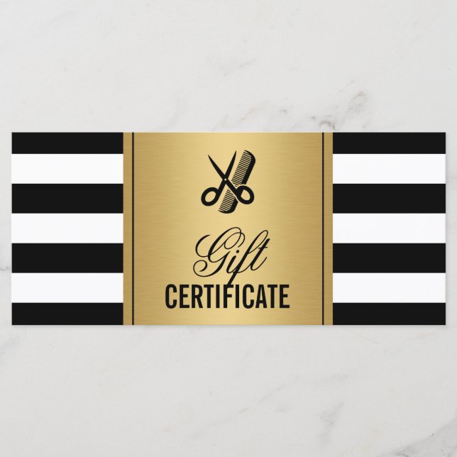 Frisörlogo gåvovoucher guld svart-vit ränder (Framsida)