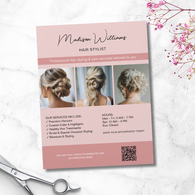 Frisörsalong 3 Bilder QR Rosa Flyer (Hair Stylist Salon 3 Photos QR Pink Flyer)