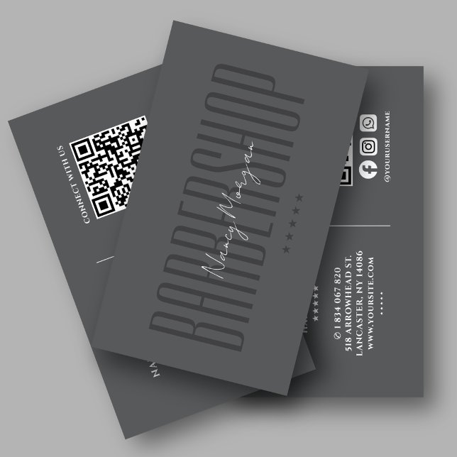 Frisörsalong Barberbutik Mörkgrå Modern QR-kod  Visitkort (Skapare uppladdad)