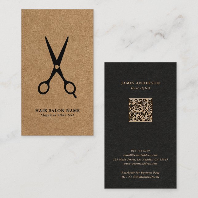 Frisörsalong/Frisör/Saxar för herrfrisör Kraft QR- Visitkort (Fram/baksida)