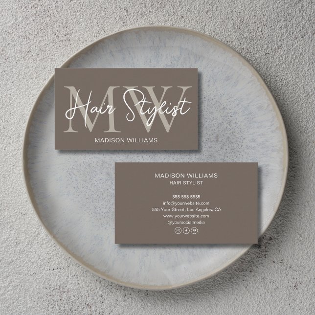 Frisörskräddare Anpassad Monogram Taupe Visitkort (Hair Stylist Custom Monogram Taupe Business Card)