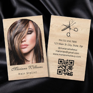 frisörstylist valv foto qr-kod minimalistisk trä visitkort