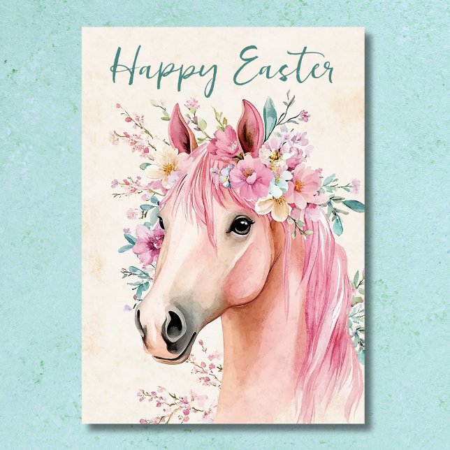 Frispirerad Söt Horse Blommigt Påsk Helgkort (Front - Free-Spirited Pretty Horse Floral Easter Holiday Card)