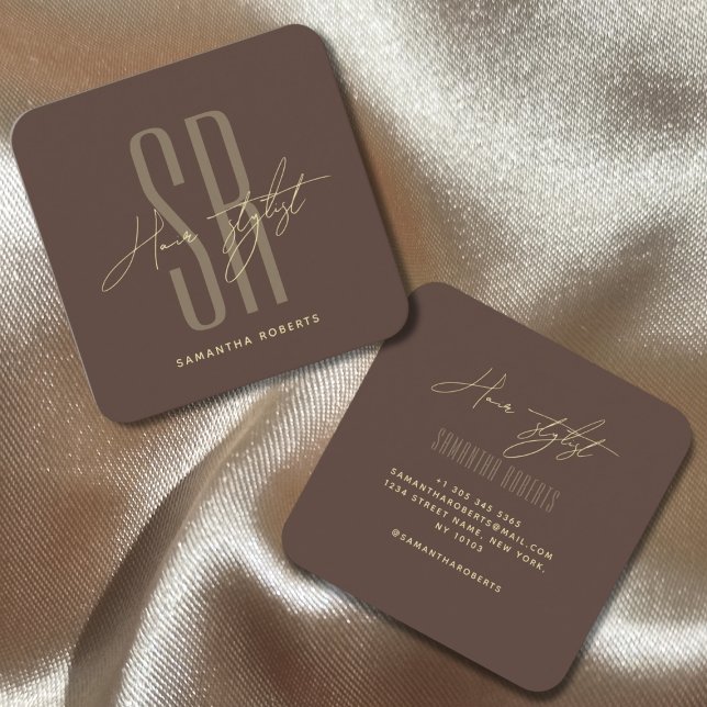 Frissör modern bruna monogram initialer fyrkantigt visitkort (Skapare uppladdad)