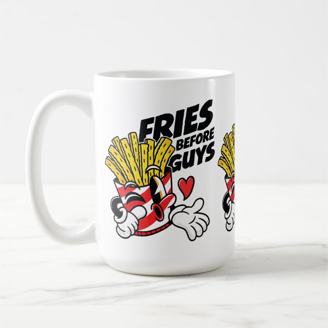 Frites före killar – Fräcka tecknade franska pomme Kaffemugg (Vänster)