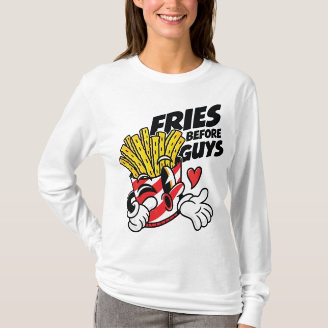 Frites före killar – Fräcka tecknade franska pomme T Shirt (Framsida)