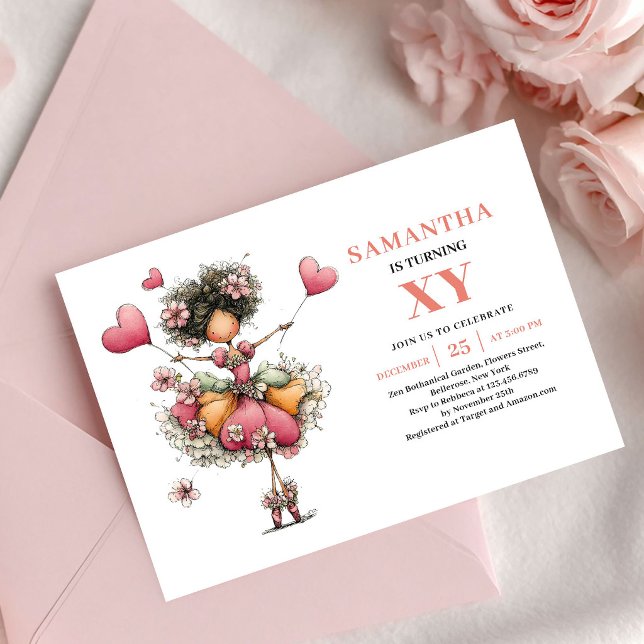 Frodig Älvflicka Födelsedagsinbjudan Rosa Rodnad Inbjudningar (Lush Fairy Girl Birthday Blush Pink invitation)