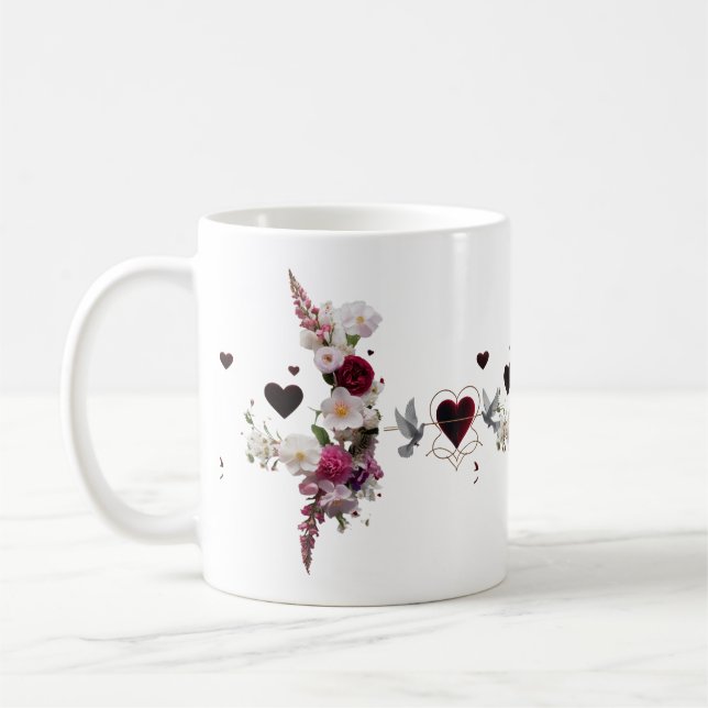 Frodig blommig kluster sammets hjärtan klassisk mu kaffemugg (Vänster)